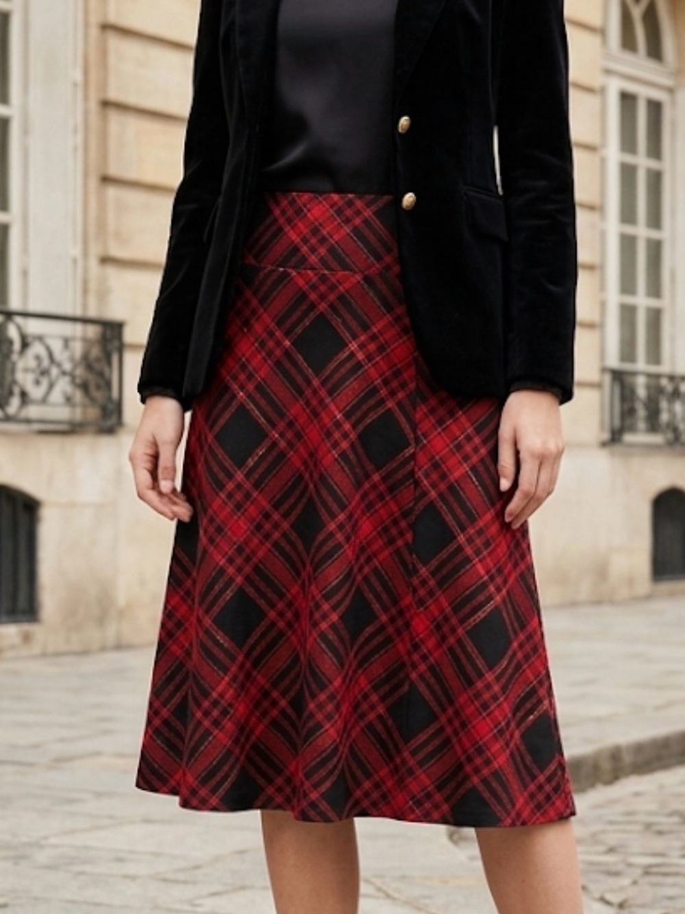 Chaps Red Black Plaid A-Line Midi Skirt Cotton Jersey Pull On‎ Small